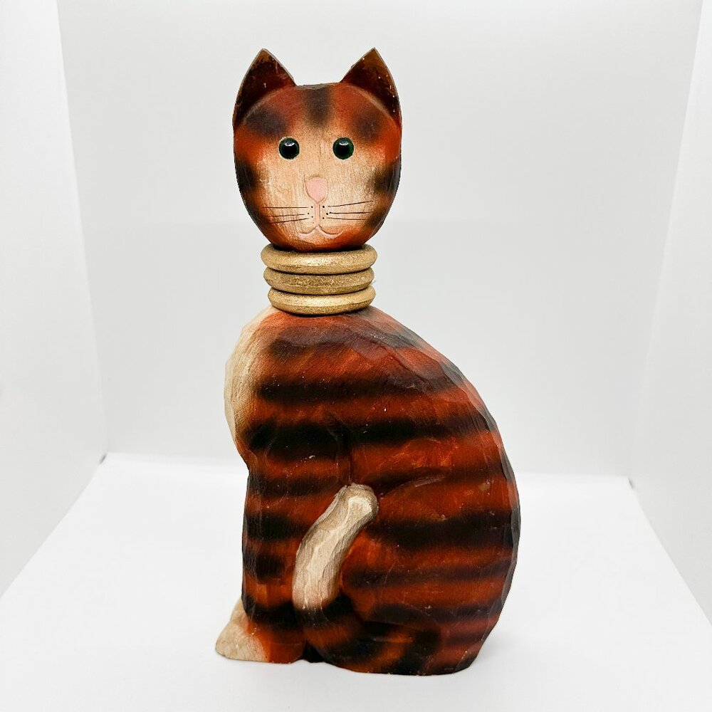 James Haddon Carved Wood Cat Tabby Collar Stripped Folk Art Privative Boho 11"